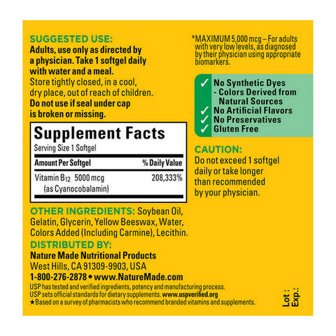 Nature Made, Vitamin B12, 5000mcg, 60 Soft gels