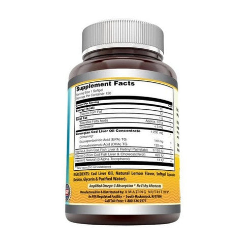 Amazing Nutrition, Amazing Omega Norwegian Cod Liver Oil, 1250 mg, Fresh Lemon 120 Softgels Amazing Nutrition