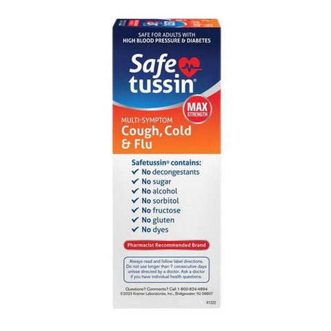 Safetussin, Max Strength Multi Symptom Cough Cold And Flu Liquid Cherry Menthol, 8 Oz