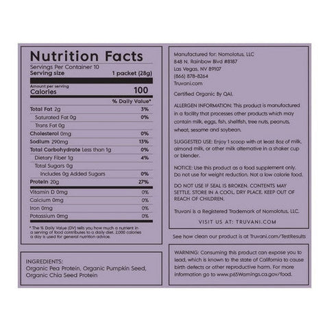 Truvani, Organic Plant Based Protein Powder Unflavored, .99 Oz (Pack Of 10)