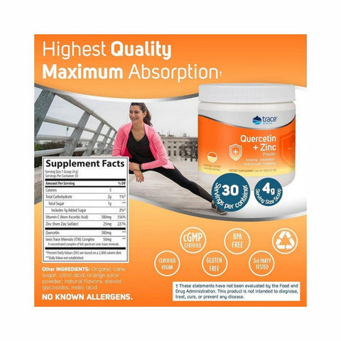 Trace Minerals, Quercetin + Zinc Powder Orange Cream Flavor, 500 mg, 120 Grams